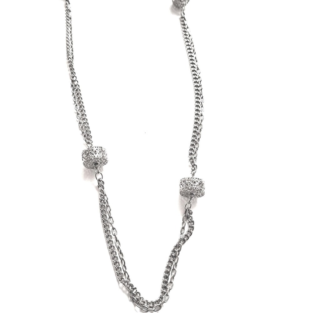Vintage Silver Necklace 30" Multi Strand Drum Bead Scrolled Silvertone Chain - Picture 6 of 6